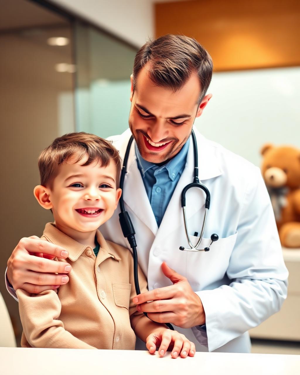 A doctor gently examining a happy child with a stethoscope