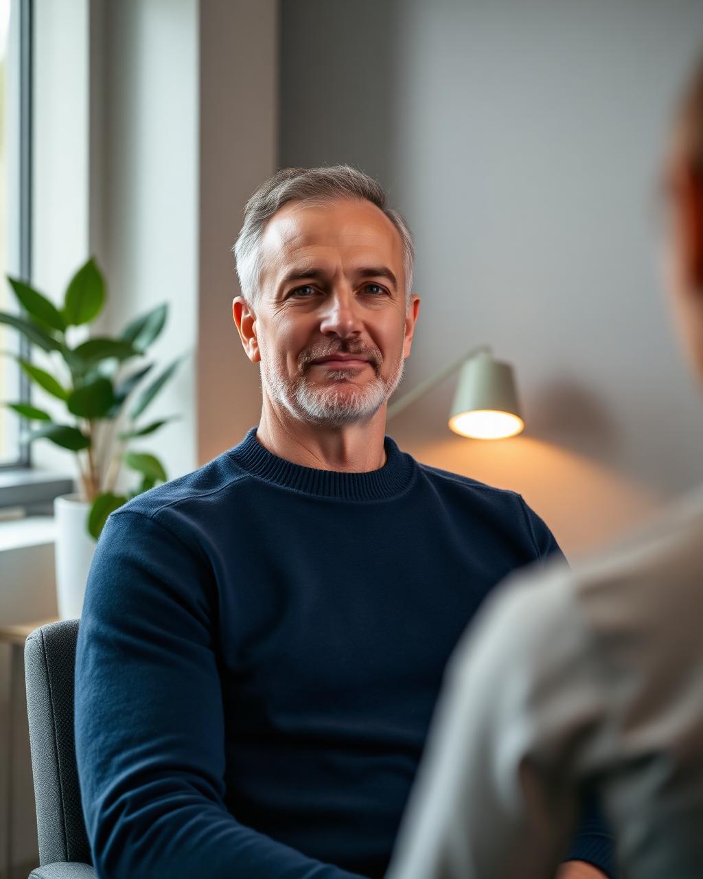 A man in a relaxed, confidential men's health consultation